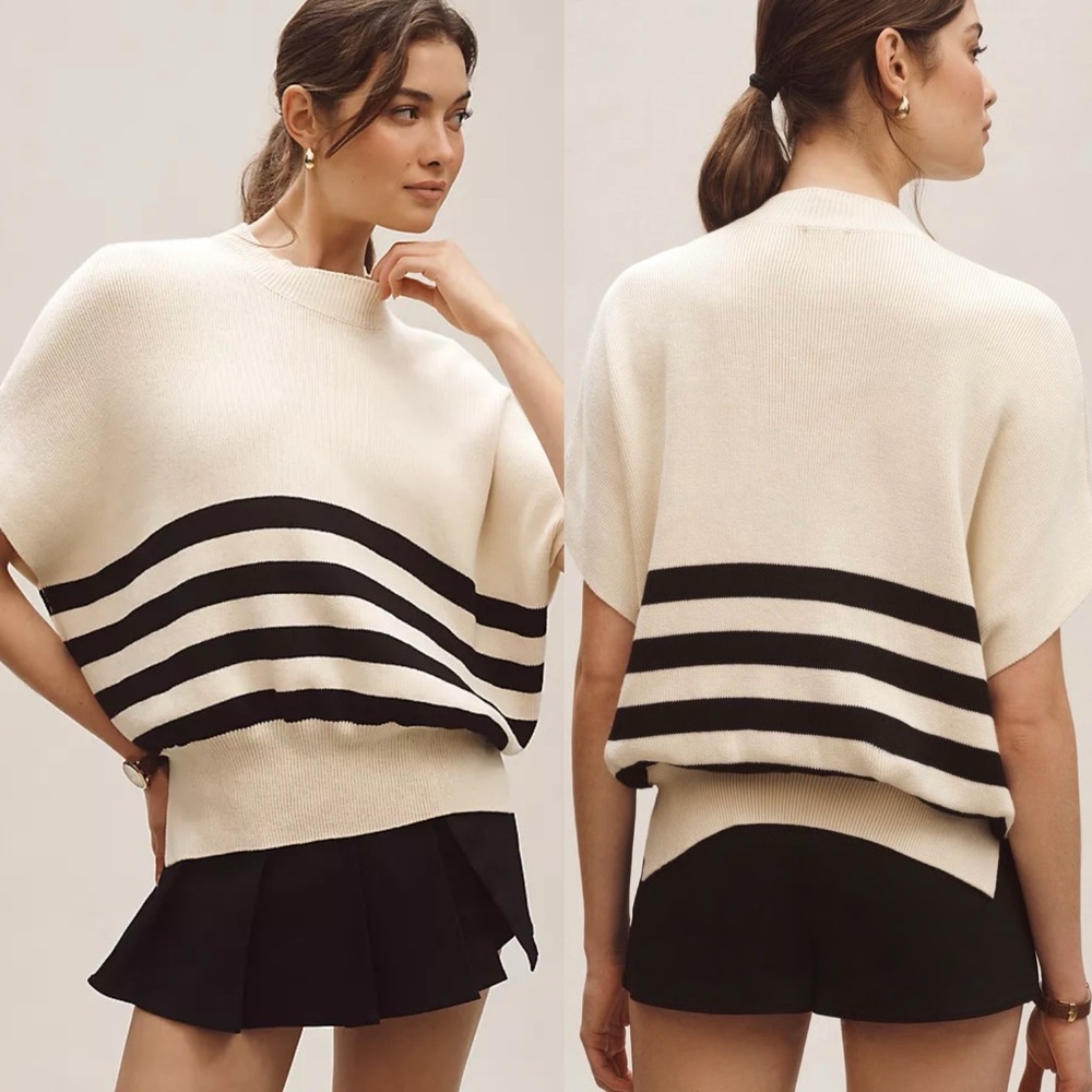 Anthropologie Maeve Oversized Short Sleeve Sweater Cream Black Stripe